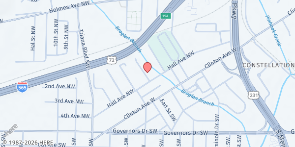 Map showing First Stop Day Center at 206 Stokes St. NW, Huntsville, AL