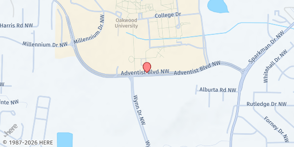 Map showing Heaven's Storehouse at Oakwood University Church at 5500 Adventist Blvd, Huntsville, AL