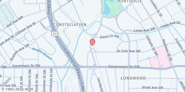 Map showing Huntsville Assistance Program (HAP) at 1001 Monroe St. SW, Huntsville, AL