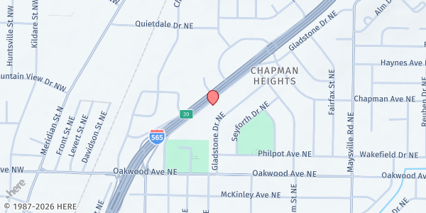 Map showing Huntsville Bible Baptist at 2400 Andrew Jackson Way NE, Huntsville, AL