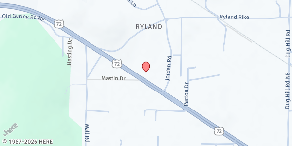 Map showing Hurricane Valley Assembly Church - Blessed Bargains at 2817 US 72 East, Huntsville, AL