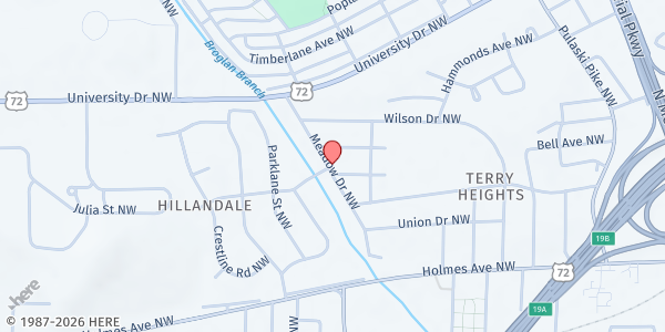 Map showing Mt. Calvary SDA at 1100 Meadow Drive, Huntsville, AL