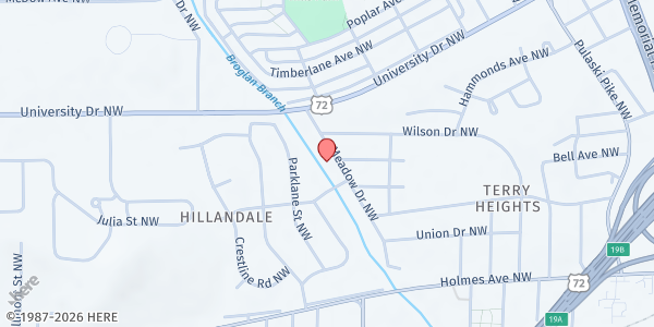 Map showing Mt. Calvary SDA Church at 1201 Meadow Dr. NW., Huntsville, AL