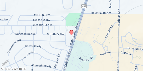 Map showing Victory World Outreach at 4901 N. Memorial Parkway, Huntsville, AL