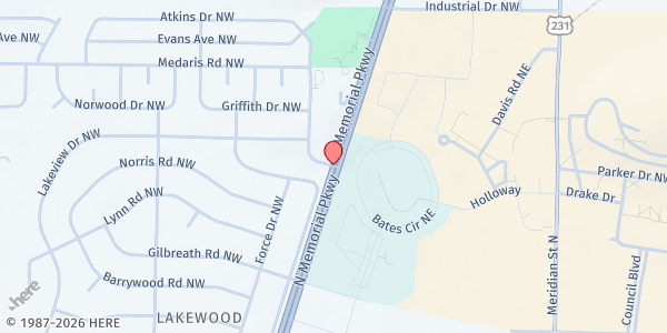 Map showing Victory World Outreach Ministries at 4901 N. Memorial Pkwy., Huntsville, AL