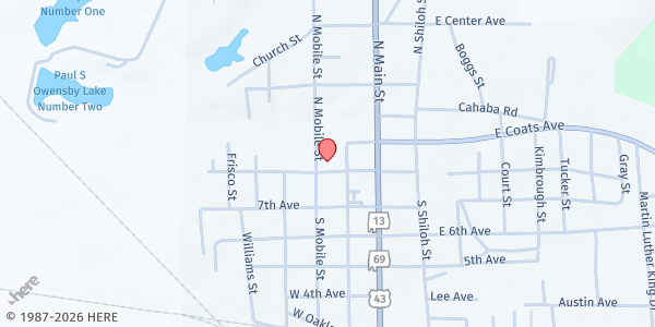 Map showing Linden Baptist Church at 100 Abbott St., Linden, AL