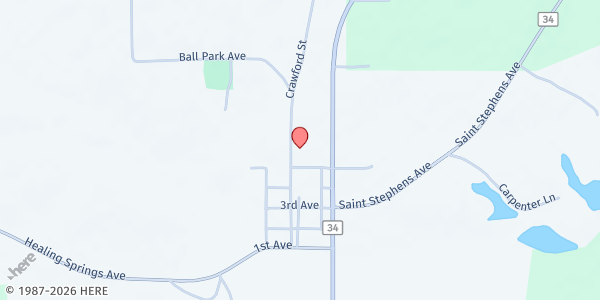 Map showing Millry Baptist Church at 70 5th Ave., Millry, AL