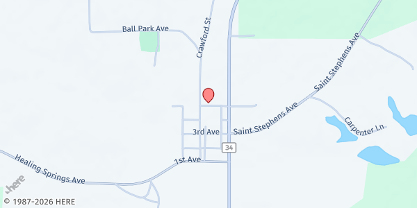 Map showing Millry Baptist Church at 70 5th Ave., Millry, AL