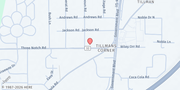 Map showing First Baptist Tillman's Corner at 5660 Three Notch Rd., Mobile, AL