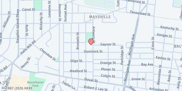Map showing George Hall Elementary at 1108 Antwerp St, Mobile, AL