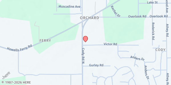 Map showing New Generation Church Food Pantry at 1350 Cody Rd. N., Mobile, AL