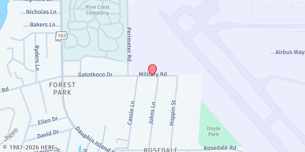 Map showing Pillians Middle School at 2051 Military Rd, Mobile, AL