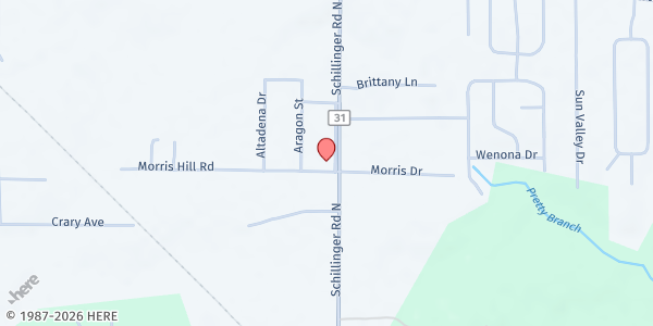 Map showing South Alabama Worship Center at 2811 Schillinger Rd. S., Mobile, AL