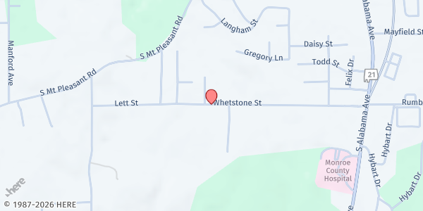 Map showing Annunciation Catholic Church at 565 Whetstone St., Monroeville, AL