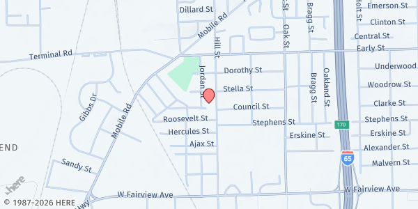 Map showing Freewill Missionary Baptist Church at 1724 Hill St., Montgomery, AL