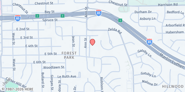 Map showing MBA Love Loud Matthew 25 Ministries at 1551 E. Ann St., Montgomery, AL