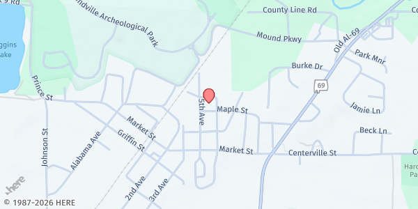 Map showing Moundville Baptist Church at 150 5th Ave., Moundville, AL