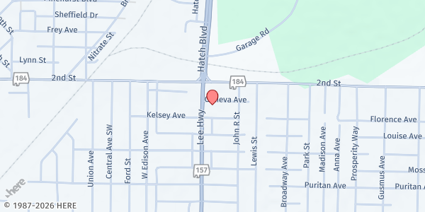 Map showing Highland Park Church of Christ at 600 Geneva Ave., Muscle Shoals, AL