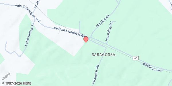 Map showing Saragossa First Baptist Church at 4327 Redmill Saragossa Rd., Nauvoo, AL