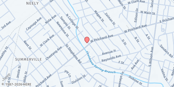 Map showing St. James Major Parish Food Pantry at 714 N. College St., Prichard, AL