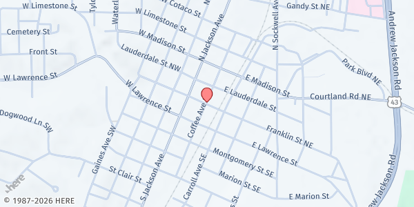 Map showing Russellville Dream Center at 206 Coffee Ave., Russellville, AL