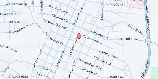 Map showing Russellville Dream Center at 206 Coffee Ave., Russellville, AL