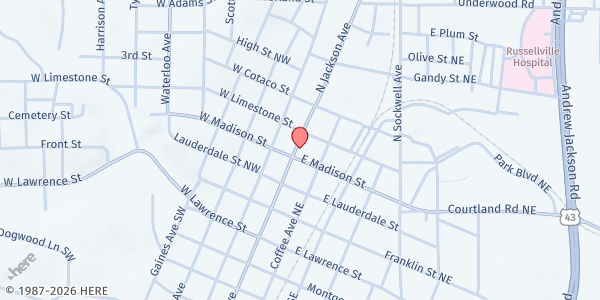 Map showing Russellville First Methodist at 311 North Jackson Ave, Russellville, AL