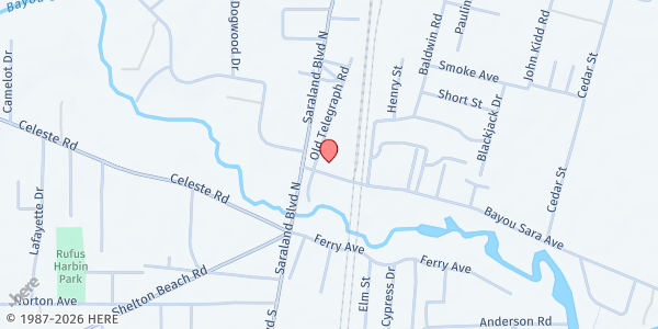 Map showing Bayou Sara Baptist Church at 12 Bayou Sara Avenue, Saraland, AL