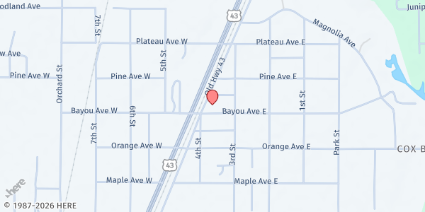 Map showing First Baptist Church of Satsuma at 5600 Old Hwy. 43, Satsuma, AL