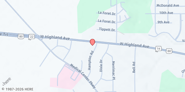 Map showing Restoration Place Church at 2004 Highland Ave., Selma, AL