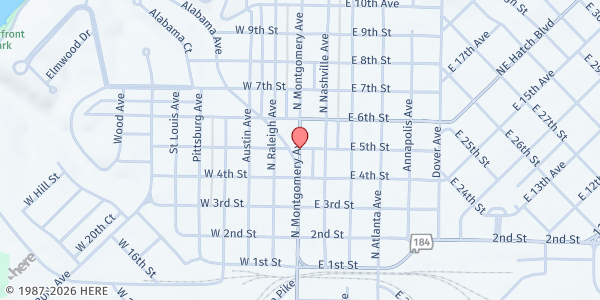 Map showing First Presbyterian Church Sheffield at 130 East 5th Street, Sheffield, AL