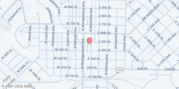 Map showing First Presbyterian Church Sheffield at 130 E. 5th St., Sheffield, AL