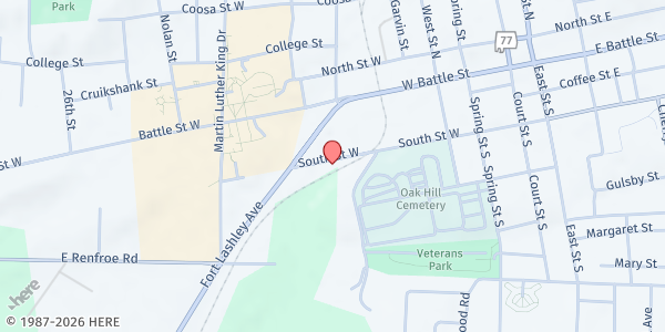 Map showing The Red Door Kitchen at 500 South St. W., Talladega, AL