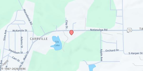 Map showing Carrville Baptist Church at 2436 Notasulga Rd., Tallassee, AL