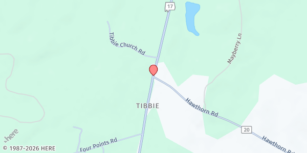 Map showing Tibbie Baptist Church at 9488 AL-17, Tibbie, AL