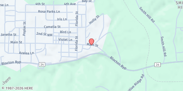 Map showing West Blocton First Baptist Church at 1249 Main St., West Blocton, AL