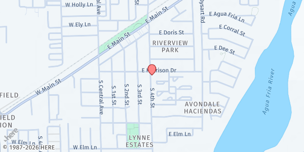 Map showing Agua Fria Food and Clothing Bank (Avondale) at 405 E Harrison, Avondale, AZ