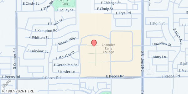 Map showing Chandler Gilbert Community College, Pecos Campus at 2626 East Pecos Road, Chandler, AZ