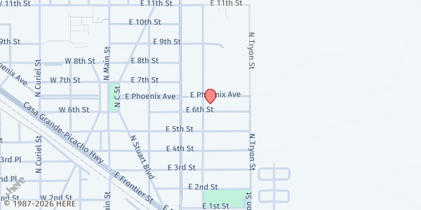 Map showing First United Methodist Church Food Bank at 605 N. Santa Cruz Ave., Eloy, AZ