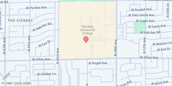Map showing MCCC Glendale Community College at 6000 W Olive Avenue, Glendale, AZ