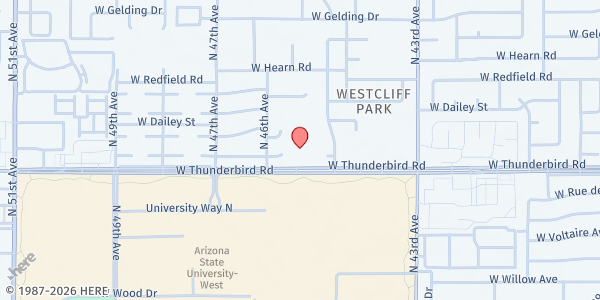 Map showing Wesley Student Fdn at ASU at Christ Comm Church at 4530 W Thunderbird Rd, Glendale, AZ