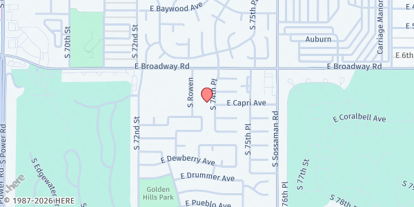 Map showing Broadway Christian Church Food Box Ministry at 7335 E Broadway Rd., Mesa, AZ
