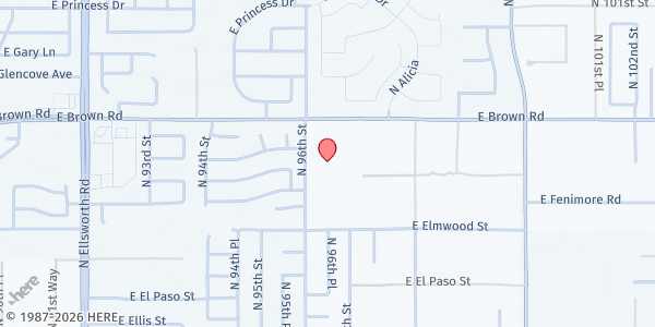 Map showing Desert Manna Food Pantry at 590 N 96th Street, Mesa, AZ