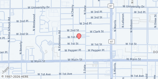 Map showing First Evangelical Lutheran Church at 142 N. Date St., Mesa, AZ