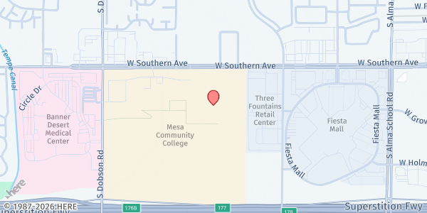 Map showing Mesa Community College, Dobson Campus at 1833 West Southern Avenue, Mesa, AZ