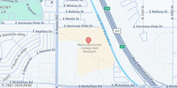 Map showing Mesa Community College - Red Mountain Campus at 7110 E. McKellips Rd., Mesa, AZ