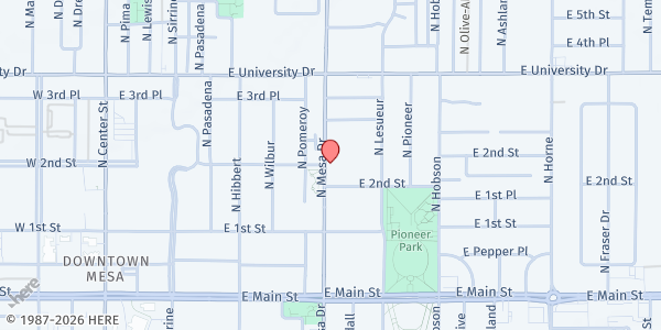 Map showing Mesa First Presbyterian Church Food Cupboard at 161 N. Mesa Dr., Mesa, AZ