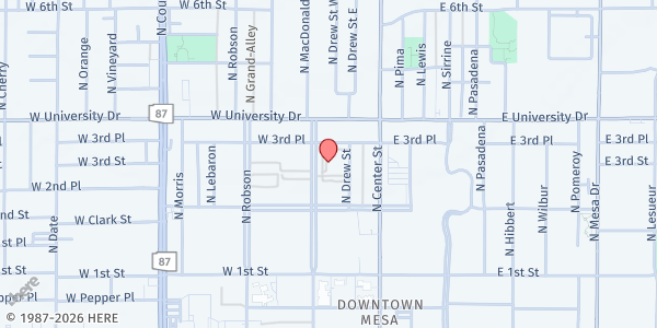 Map showing SNAP Services Location - Aster Senior Center at 247 N. MacDonald, Mesa, AZ