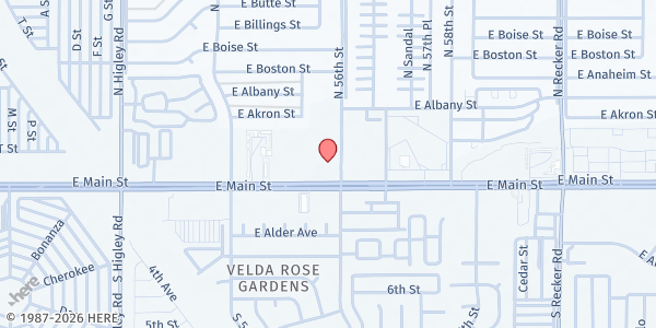 Map showing Velda Rose United Methodist Church Food Bank at 5540 E Main St, Mesa, AZ