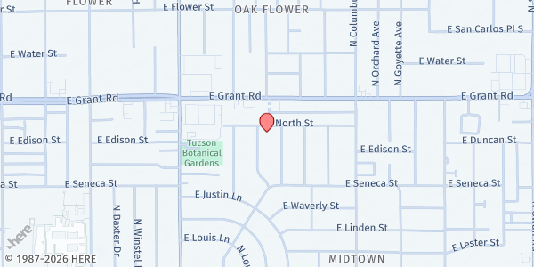 Map showing His Presence Church at 4108 E North St, Tucson, AZ